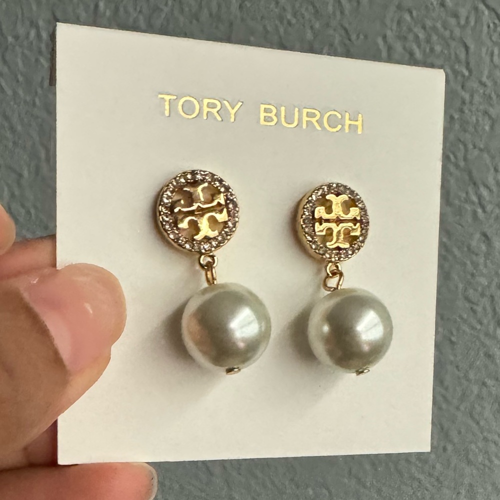 Tory Burch Gold and White Earrings